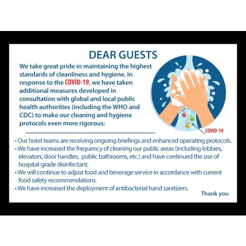 Calcomanía Removible de Baja Pegajosidad "Dear Guests" sobre Limpieza Mejorada contra el COVID-19